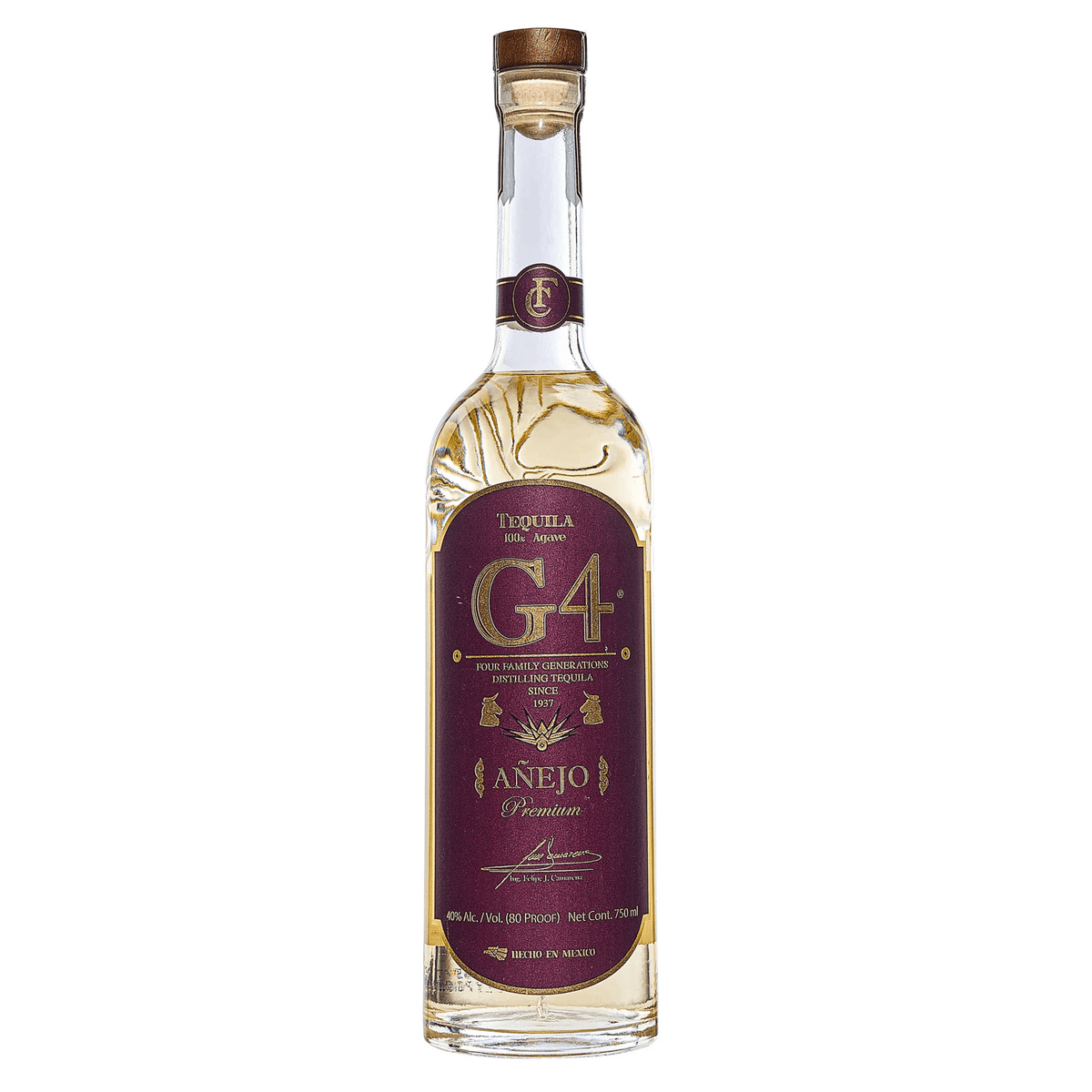 Bottle of G4 Añejo Tequila 750ml, aged 18 months in American oak, from El Pandillo Distillery, Jesús María, Jalisco, Mexico.