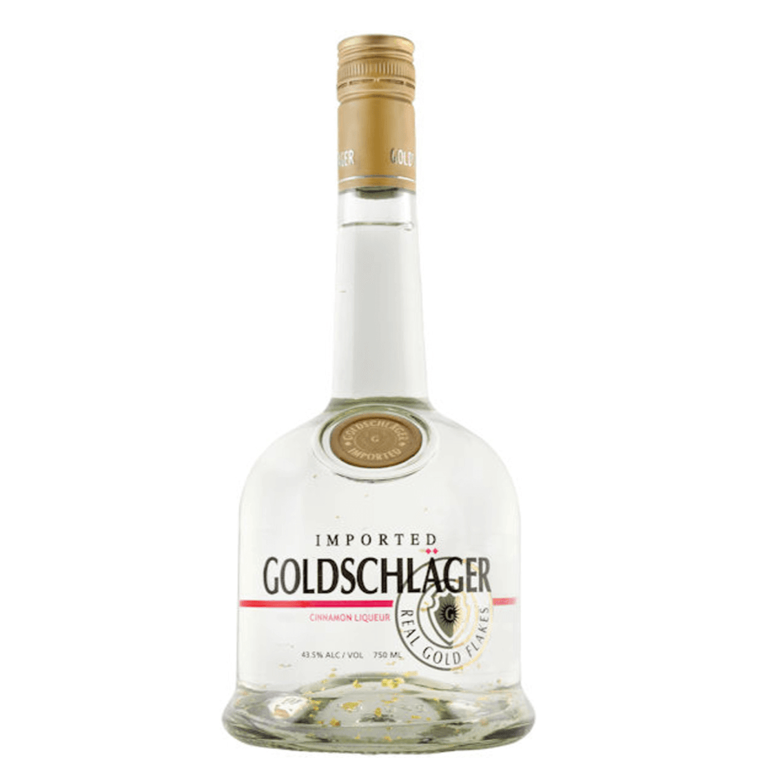 Goldschlager Cinnamon Schnapps 750ml bottle with gold flakes, Canadian schnapps liqueur, 43.5% ABV, sweet spicy flavor.