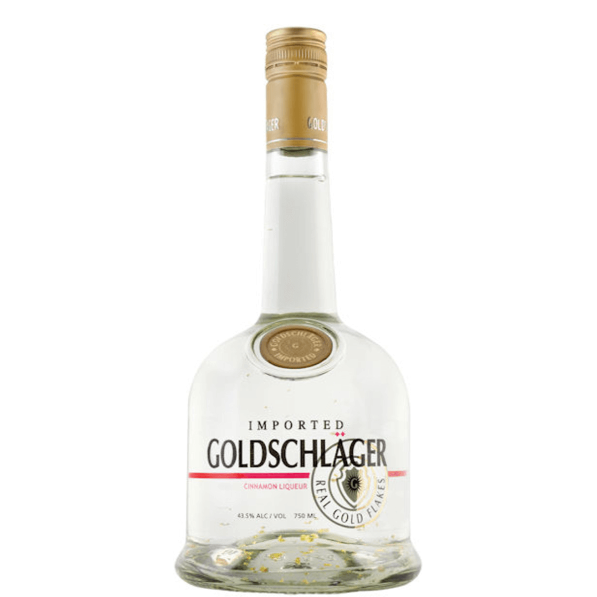 Goldschlager Cinnamon Schnapps 750ml bottle with gold flakes, Canadian schnapps liqueur, 43.5% ABV, sweet spicy flavor.