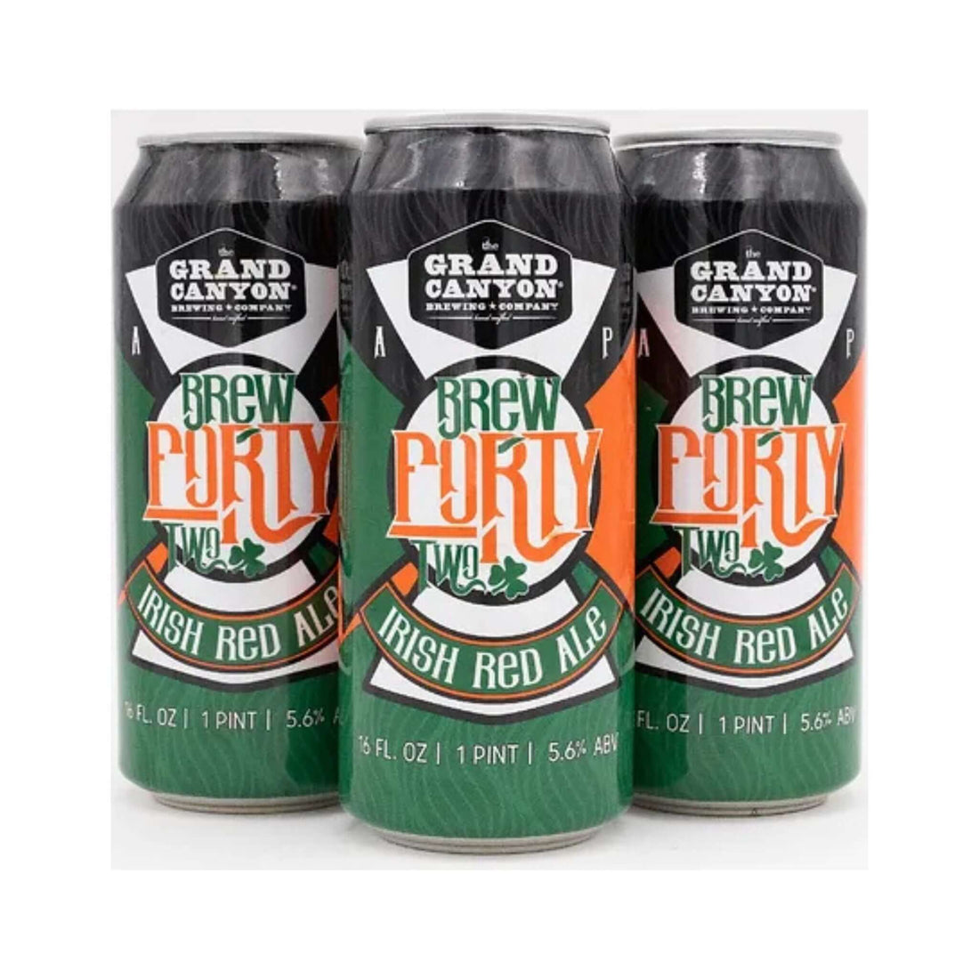 Grand Canyon Brew Forty Two Irish Red Ale 16oz cans with green and orange label showcasing Irish Red Ale style.