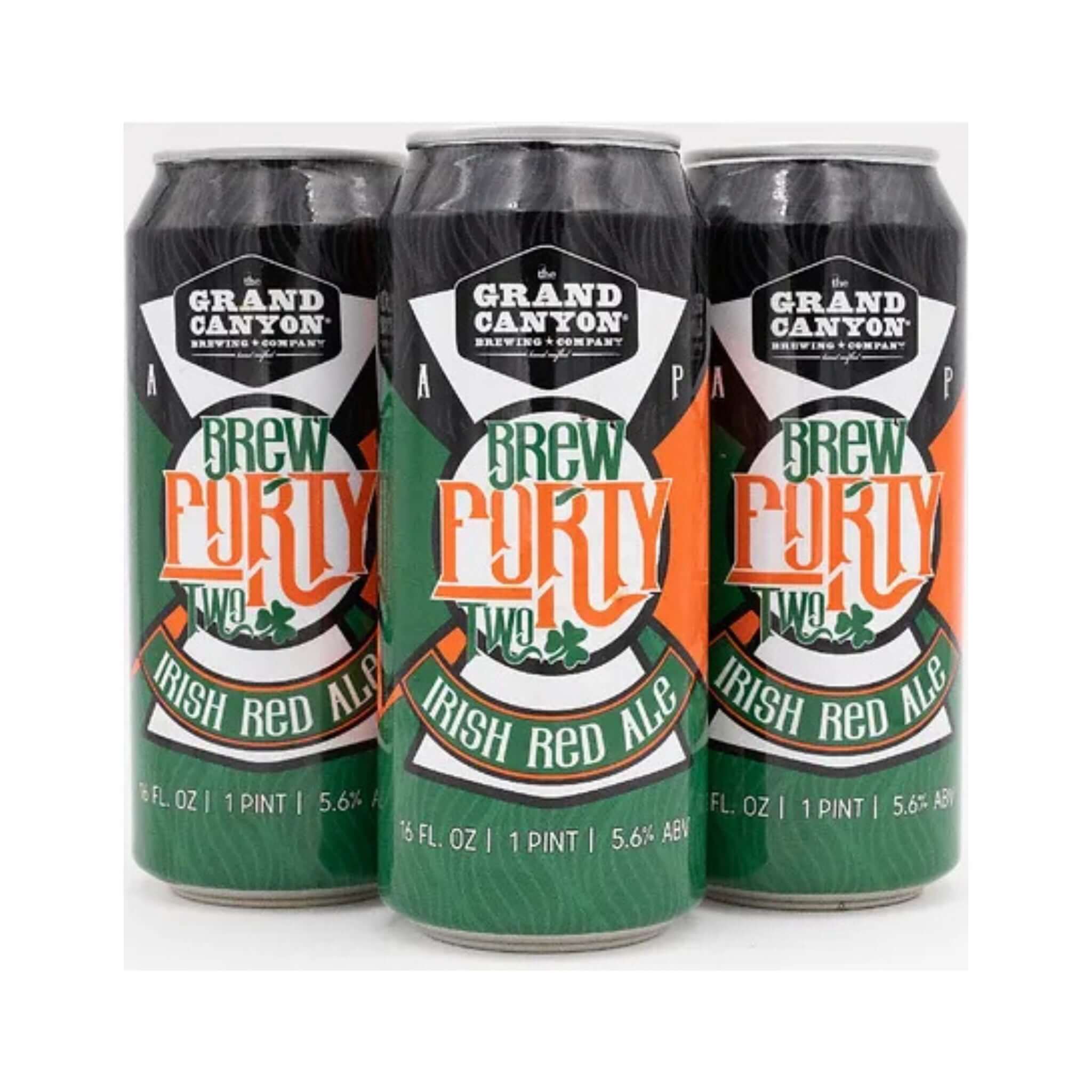Grand Canyon Brew Forty Two Irish Red Ale 16oz cans with green and orange label showcasing Irish Red Ale style.