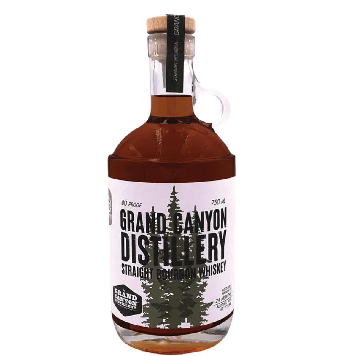 Bottle of Grand Canyon Bourbon 750ml, wheated bourbon aged 24 months with Arizona blue corn, showcasing rich amber color and label.