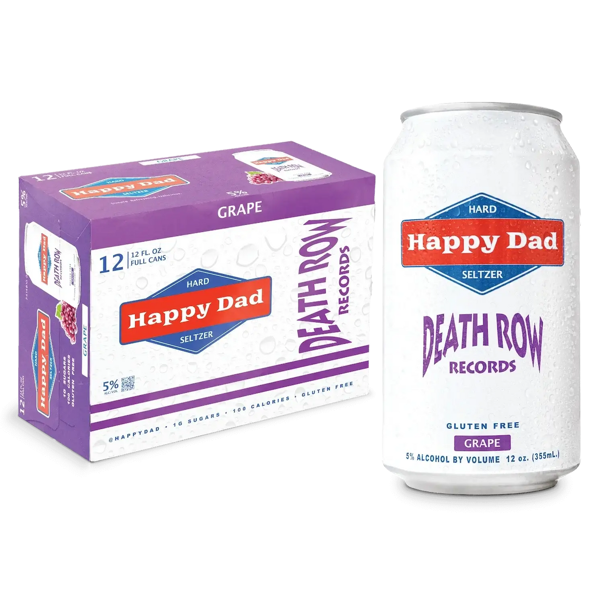 Happy Dad Grape Death Row Seltzer 12 Pack with can featuring grape label design, emphasizing crisp flavor and smooth carbonation.