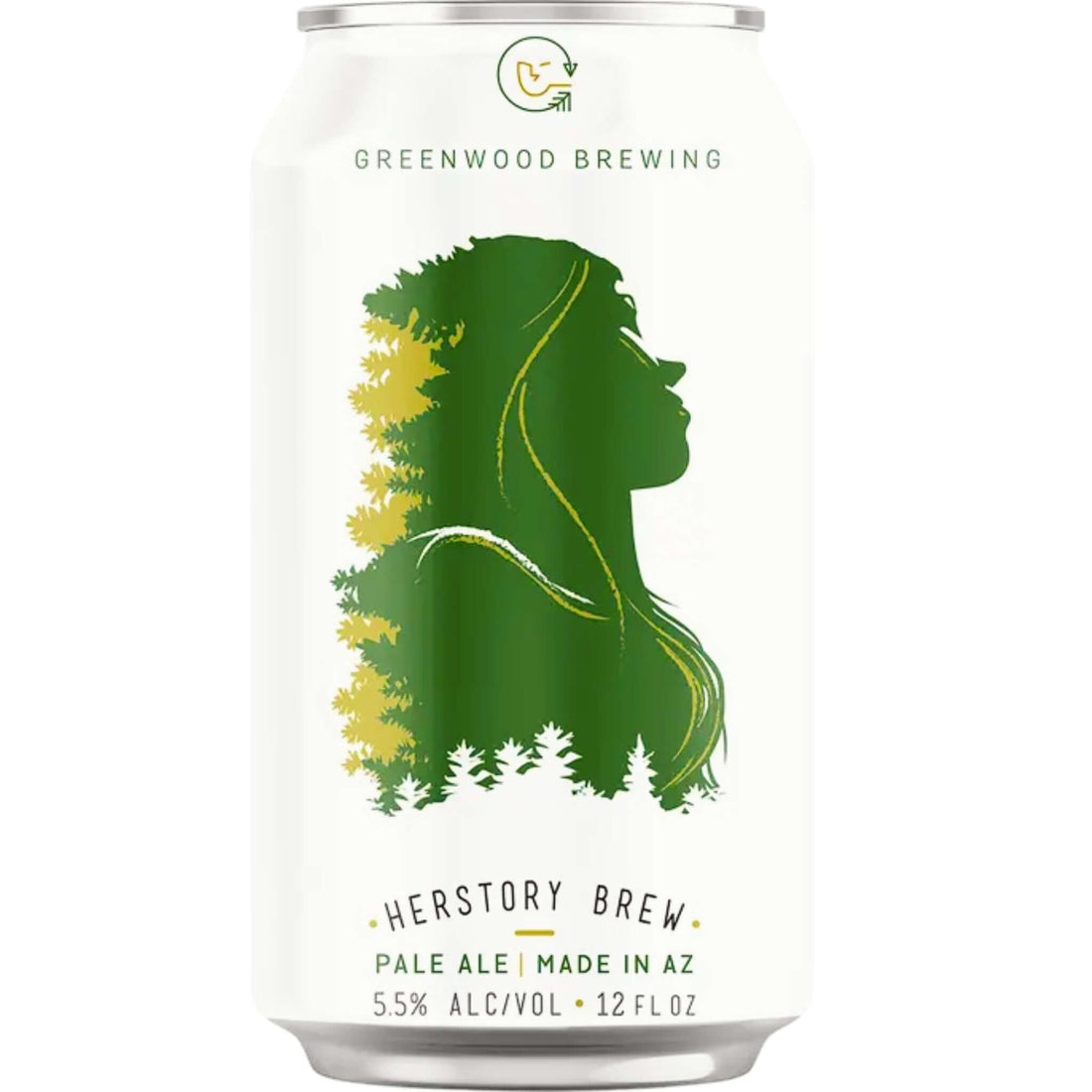 Greenwood Brewing Herstory Pale Ale 12oz can showing a green silhouette design with brewery logo and beer details.