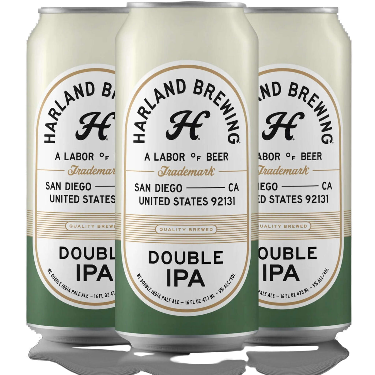 Harland Brewing Double IPA 16oz can featuring bold hop flavors with tropical fruit notes from San Diego, California. ABV 8.5%.