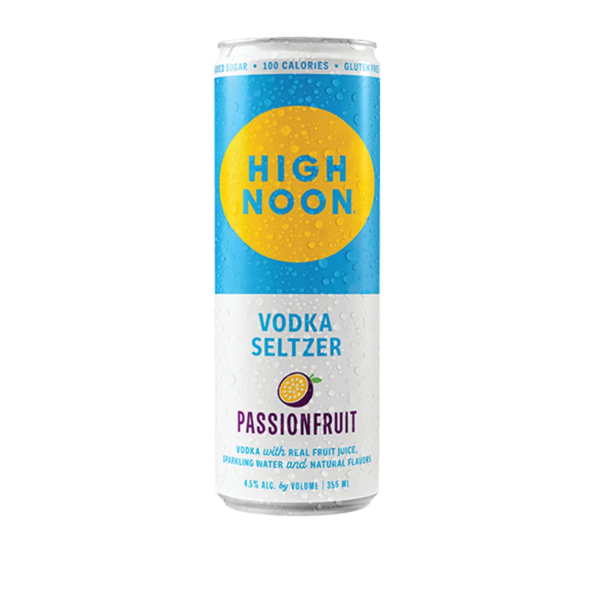 12oz can of High Noon Sun Sips Passionfruit Vodka Seltzer, featuring a bright label with a passionfruit design, 4.5% ABV.
