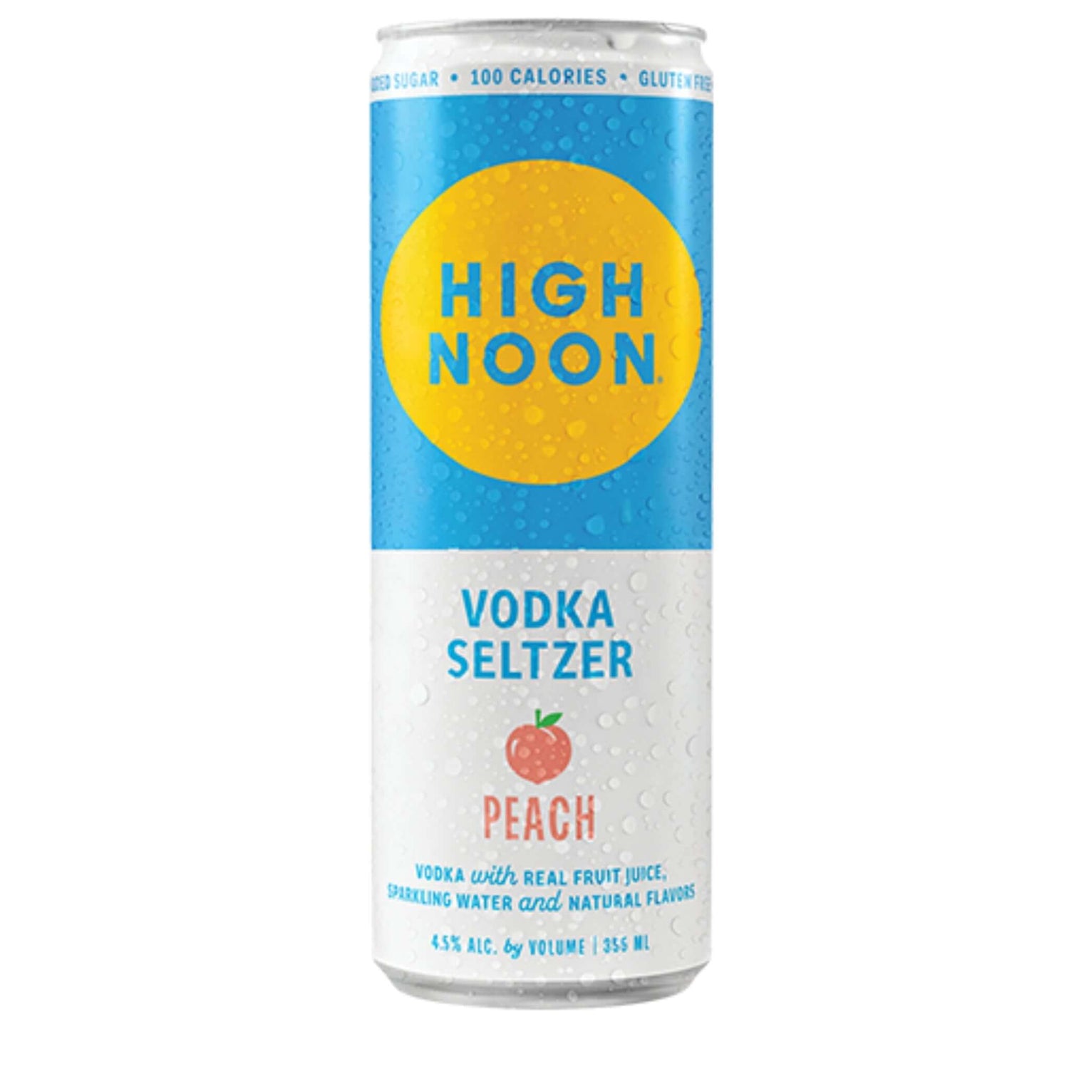 High Noon Sun Sips Peach Vodka Seltzer 12oz can with blue and yellow label, highlighting summer peach flavor, 4.5% ABV.