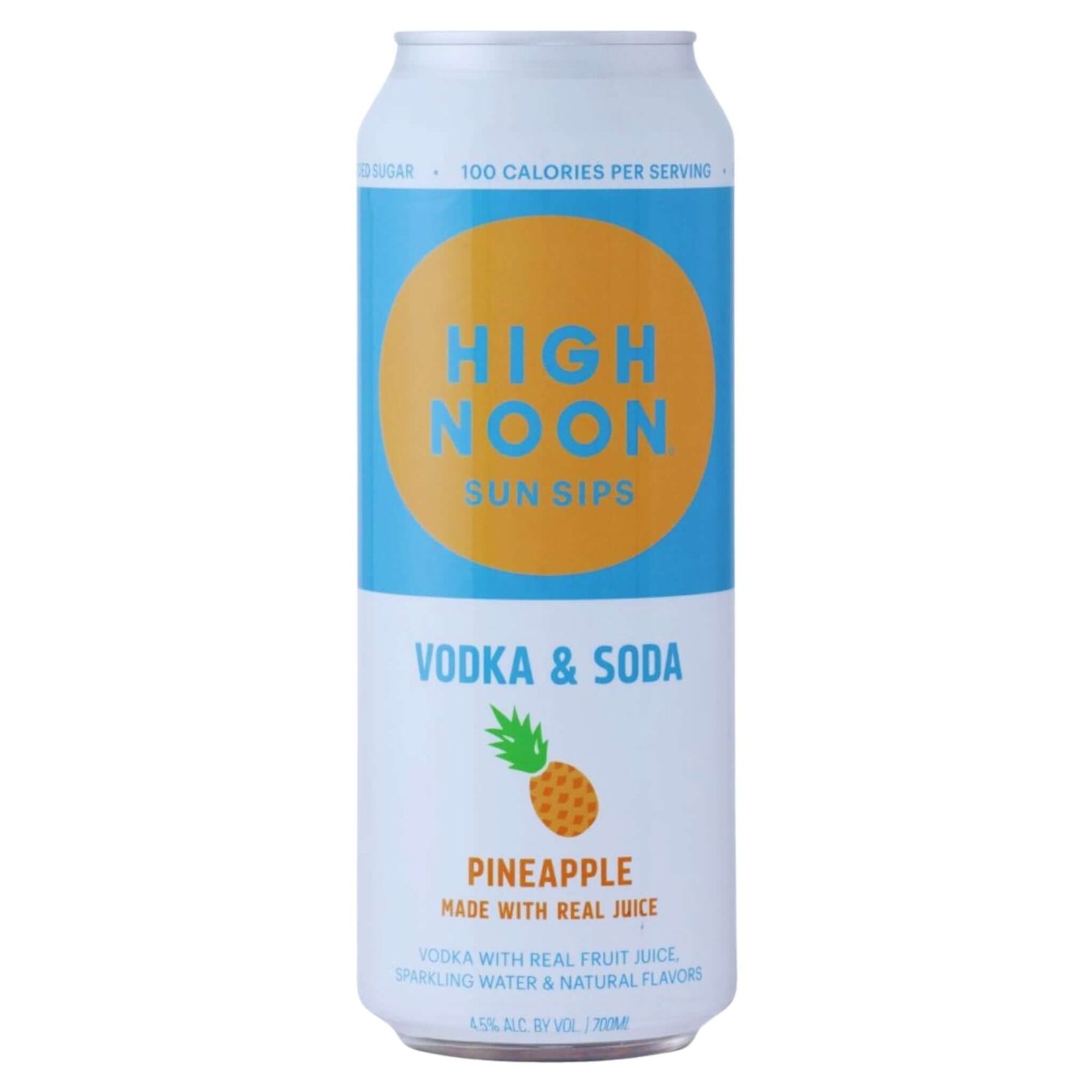 High Noon Sun Sips Pineapple 700ml can, a hard seltzer with tropical pineapple flavor, produced by High Noon Spirits, California, 4.5% ABV.