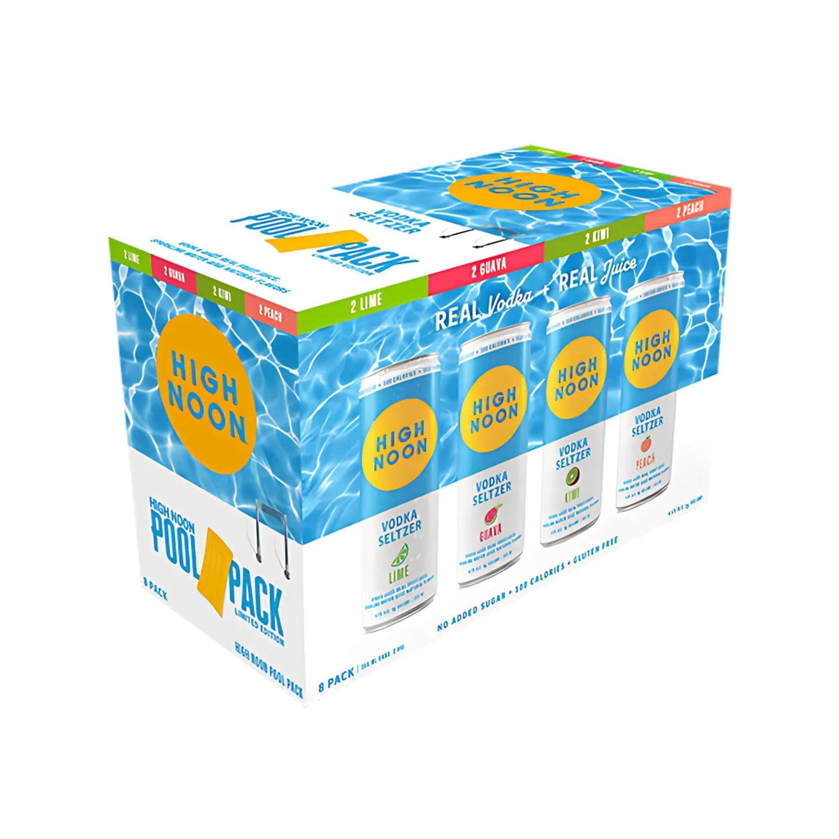 High Noon Sun Sips Pool Pack Variety 8 Pack featuring Watermelon, Pineapple, Peach, Lime hard seltzers, 12oz cans.
