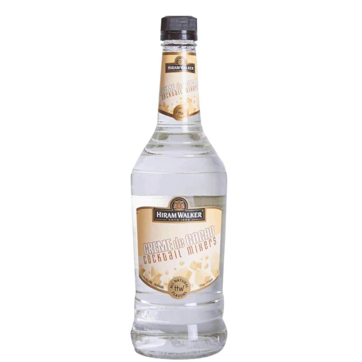 Hiram Walker Creme de Cacao White 750ml bottle, chocolate liqueur for cocktails and desserts, 30% ABV, renowned brand in spirits.