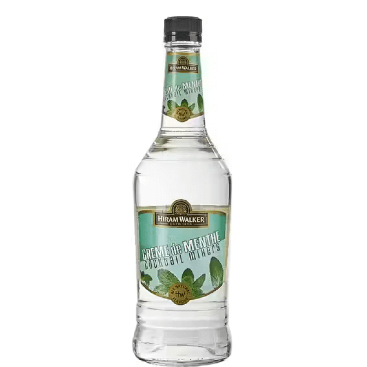 Hiram Walker Creme de Menthe White 750ml bottle, clear mint-flavored liqueur, ideal for cocktails and desserts, USA origin.