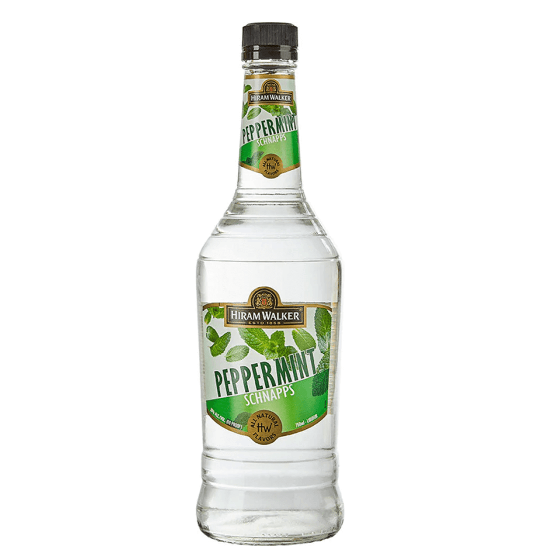 Bottle of Hiram Walker Peppermint Schnapps 60 Proof 750ml with mint leaves on label, perfect for cocktails or enjoying neat.