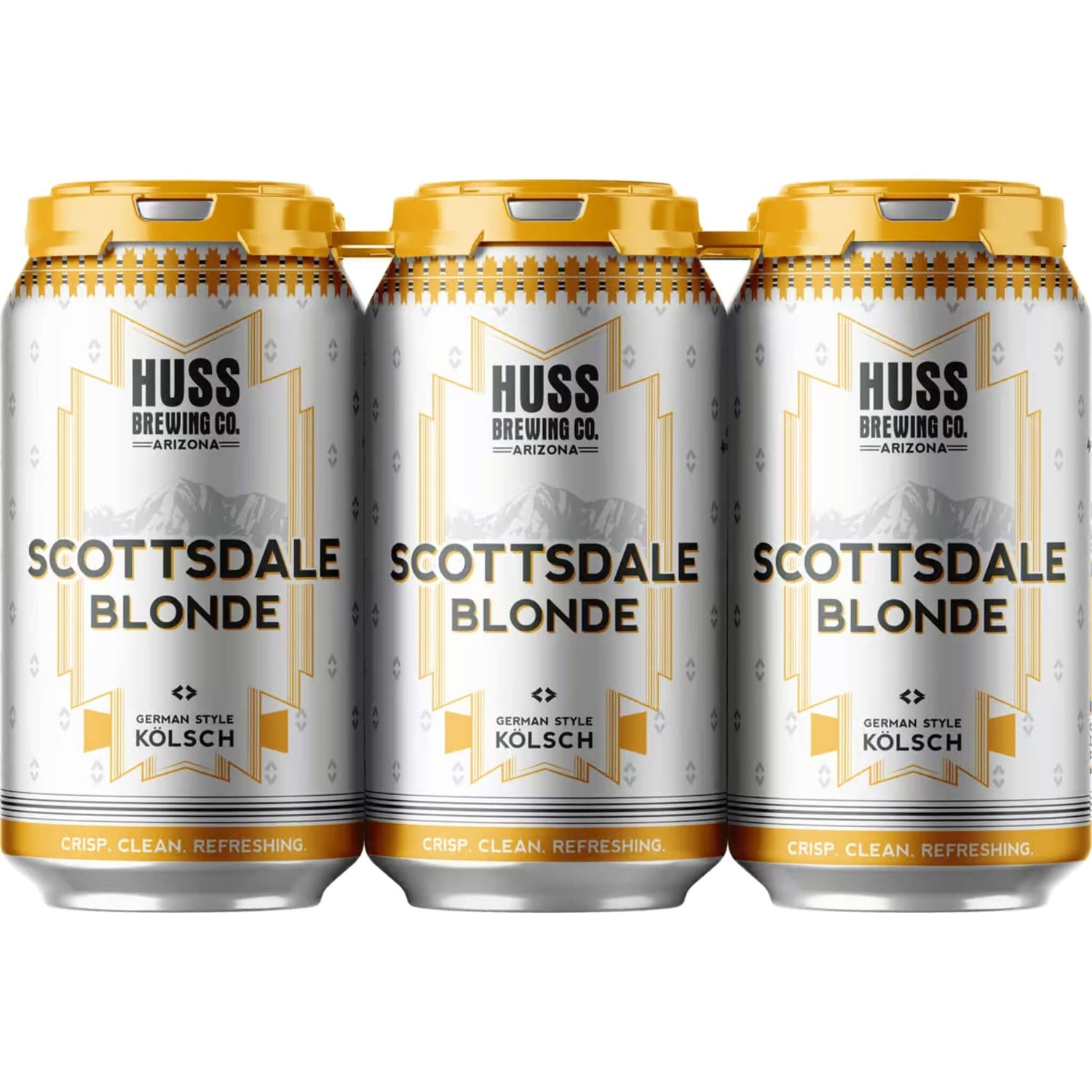 6-pack of Huss Scottsdale Blonde Ale 12oz cans, showing vibrant branding and refreshing German Kolsch style from Arizona brewery.