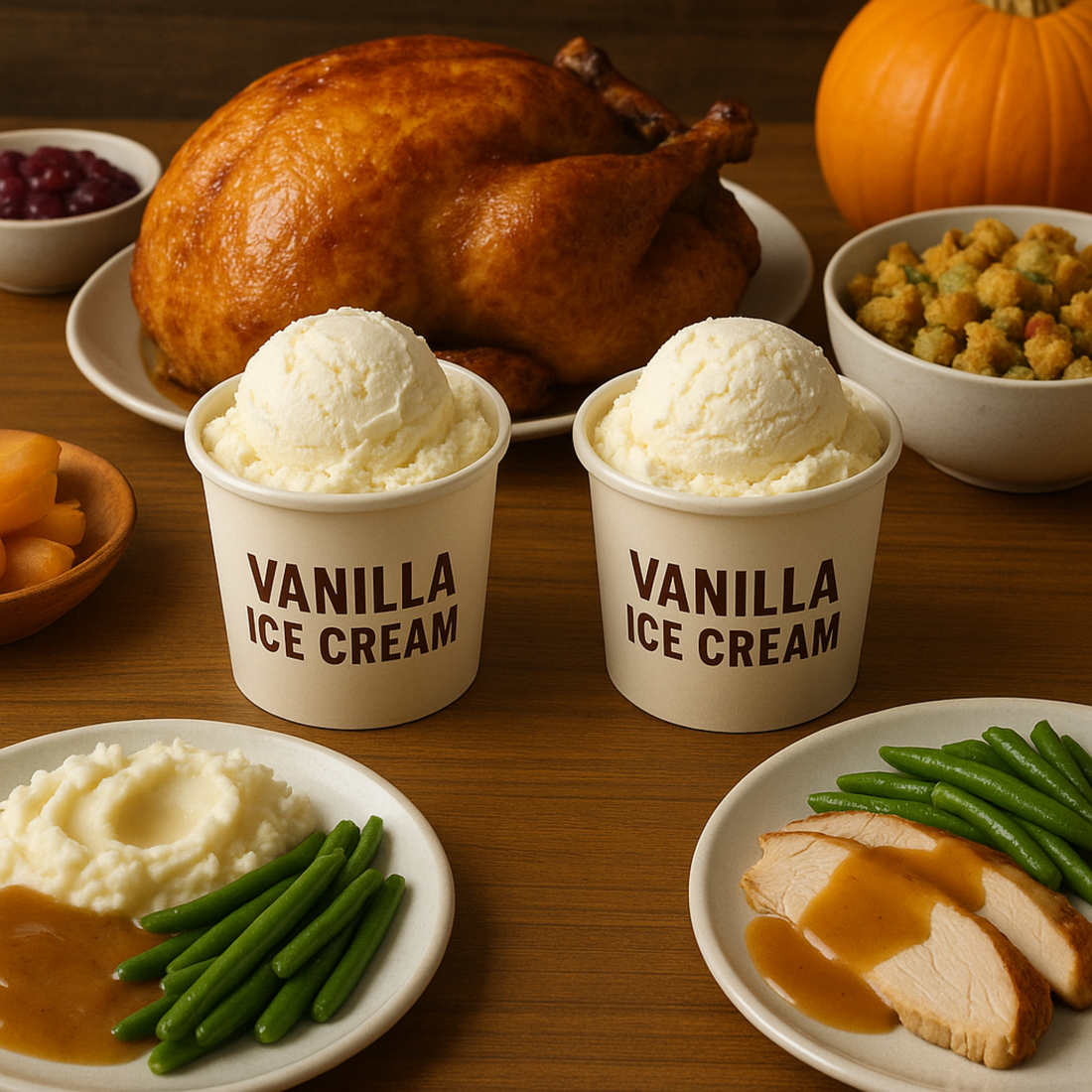 Two cups of vanilla ice cream sit on a Thanksgiving table surrounded by turkey, green beans, mashed potatoes, stuffing, and pie.