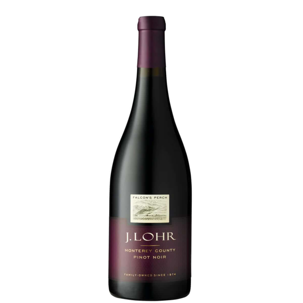 J. Lohr Falcons Perch Pinot Noir 2021 750ml bottle, California red wine, rich in red berries and spice flavors, sustainable practices.