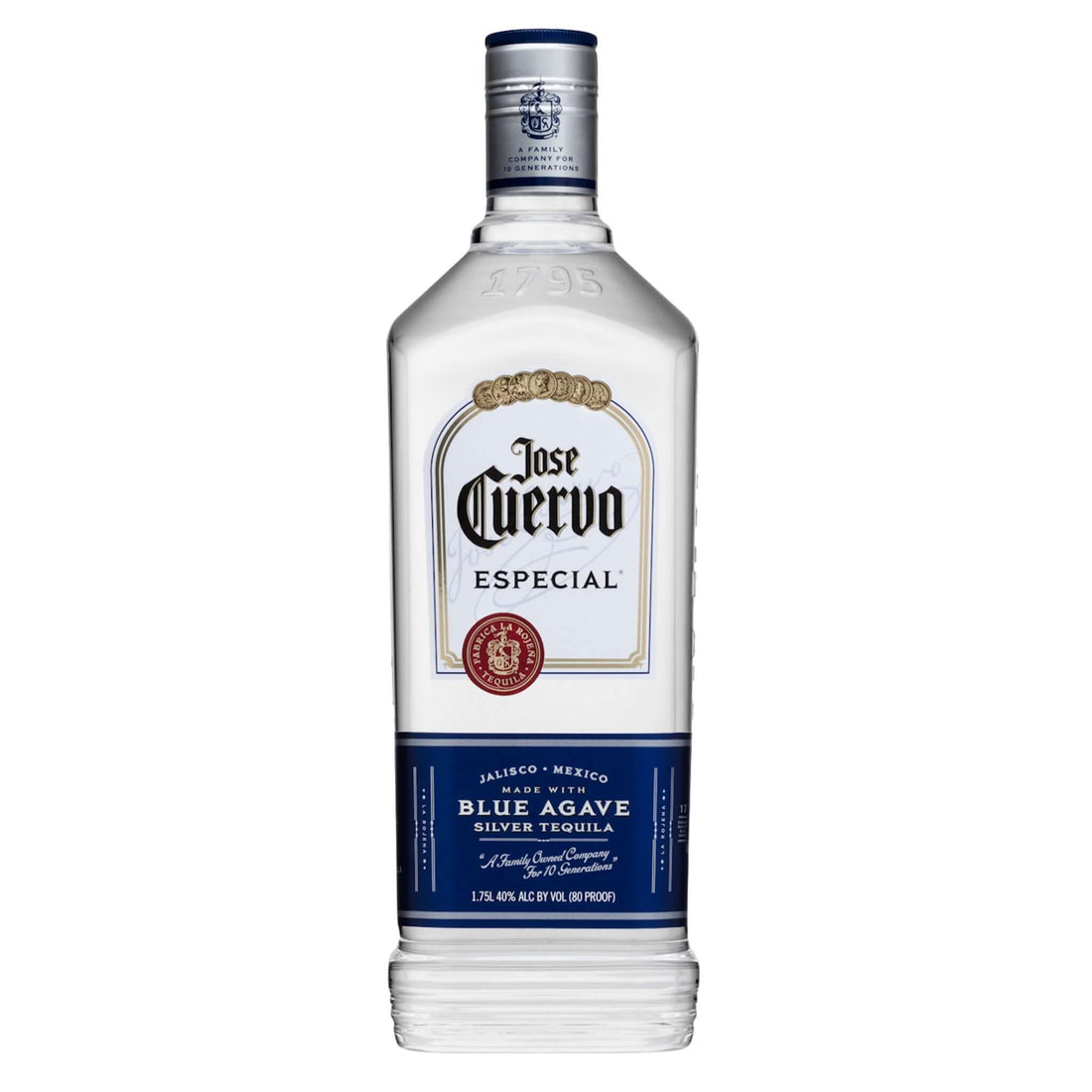 Jose Cuervo Especial Silver 1.75L bottle of Blanco tequila, crisp and clean flavor from Tequila Cuervo La Rojeña distillery.