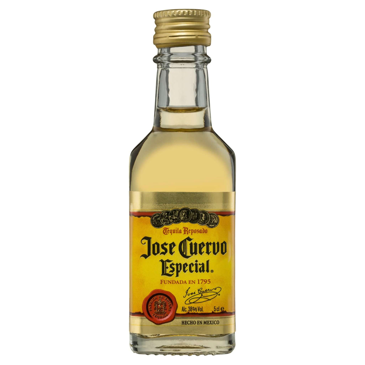 Jose Cuervo Especial Gold 50ml bottle of tequila with golden hue label.