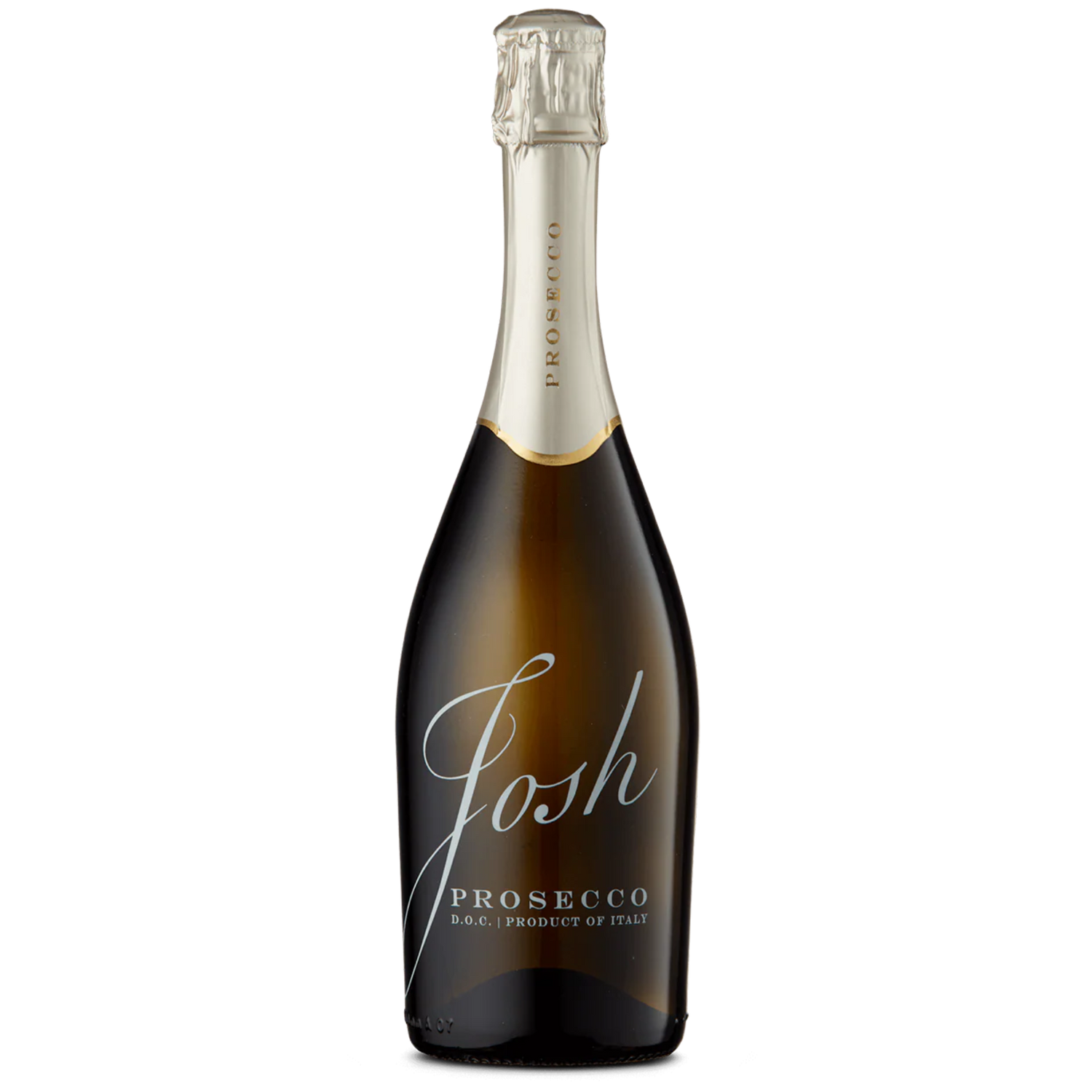 Bottle of Josh Cellars Prosecco with gold foil on the neck and a dark glass body displaying the Josh logo and Prosecco label