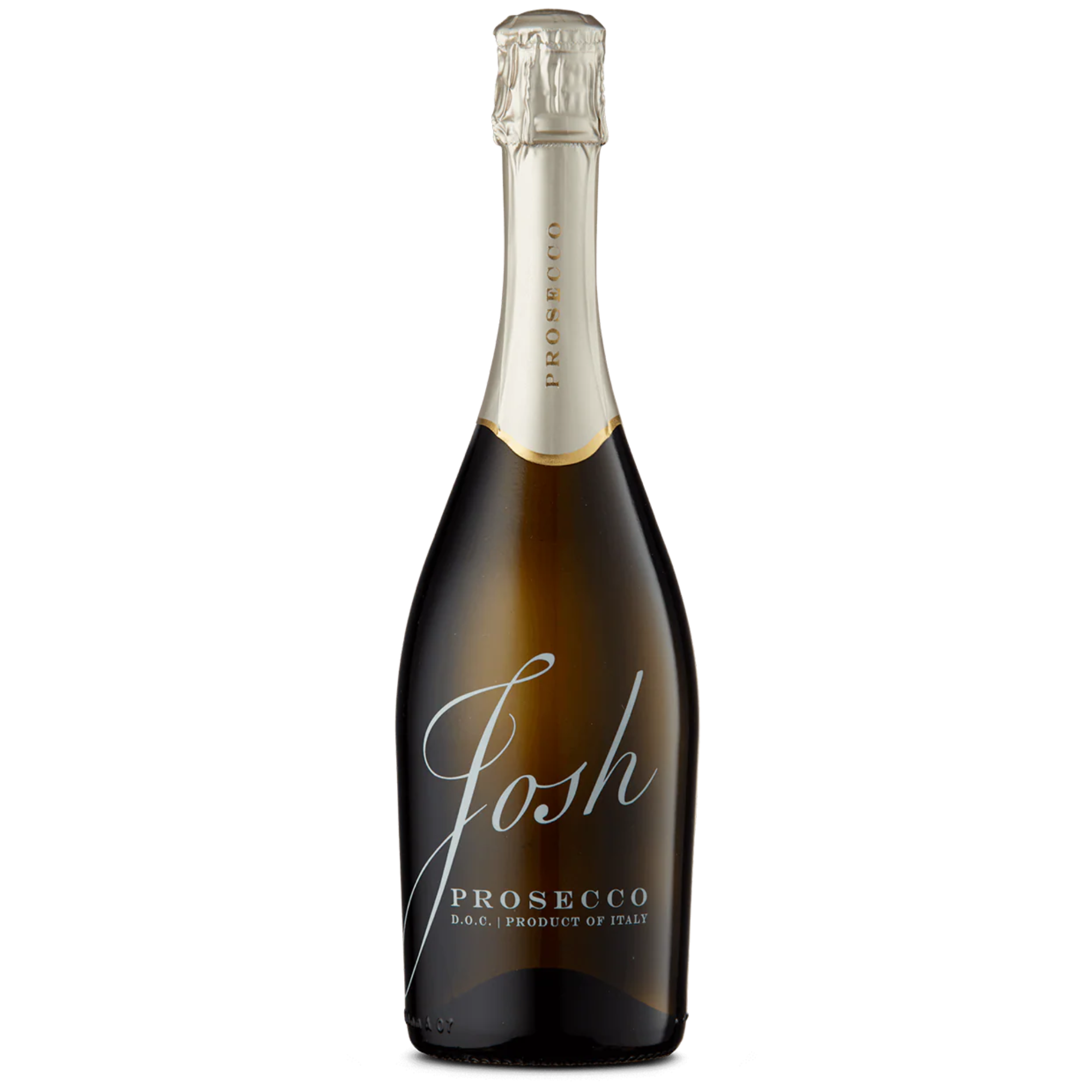 Bottle of Josh Cellars Prosecco with gold foil on the neck and a dark glass body displaying the Josh logo and Prosecco label
