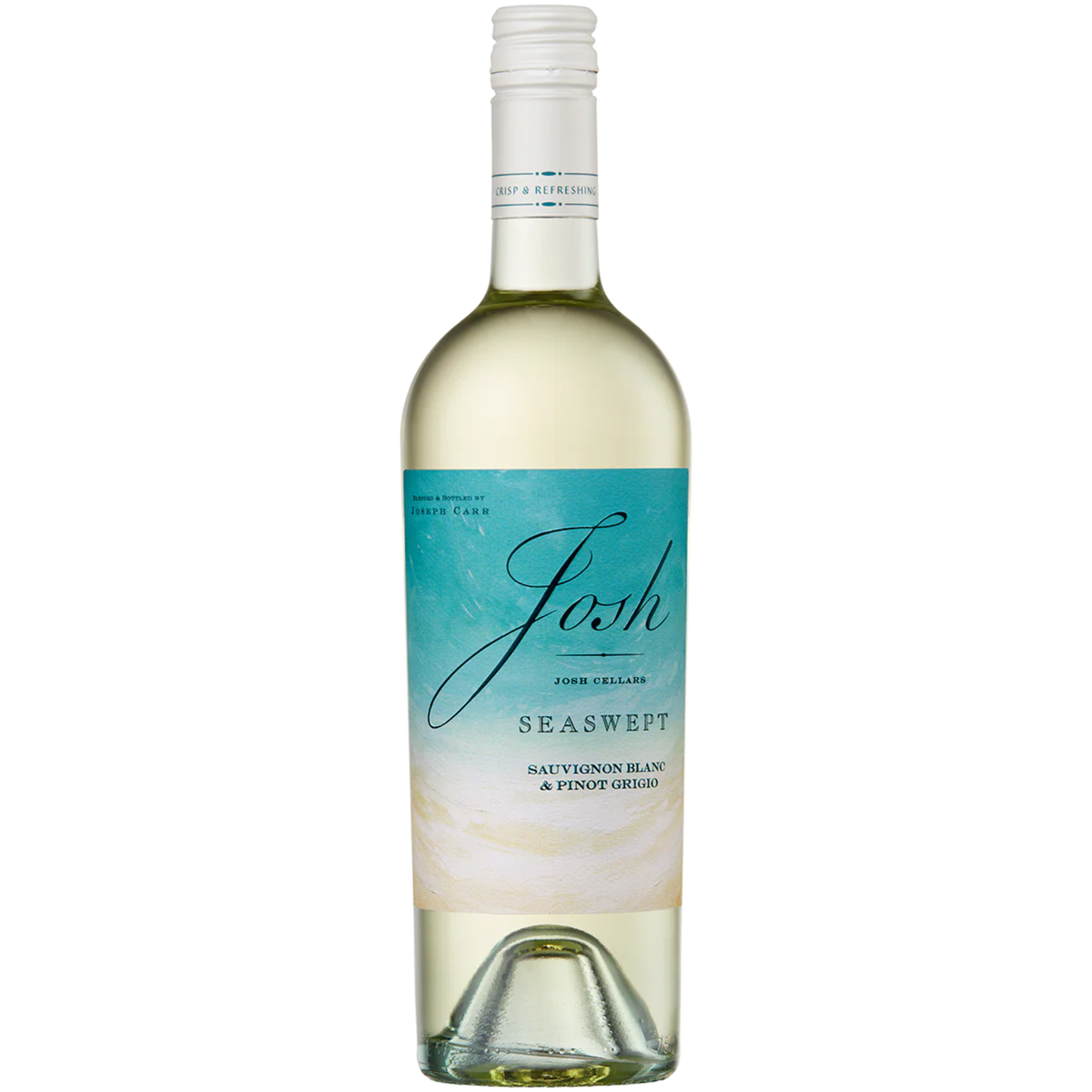 Bottle of Josh Cellars Seaswept white wine with a teal and cream coastal-themed label and white screw cap