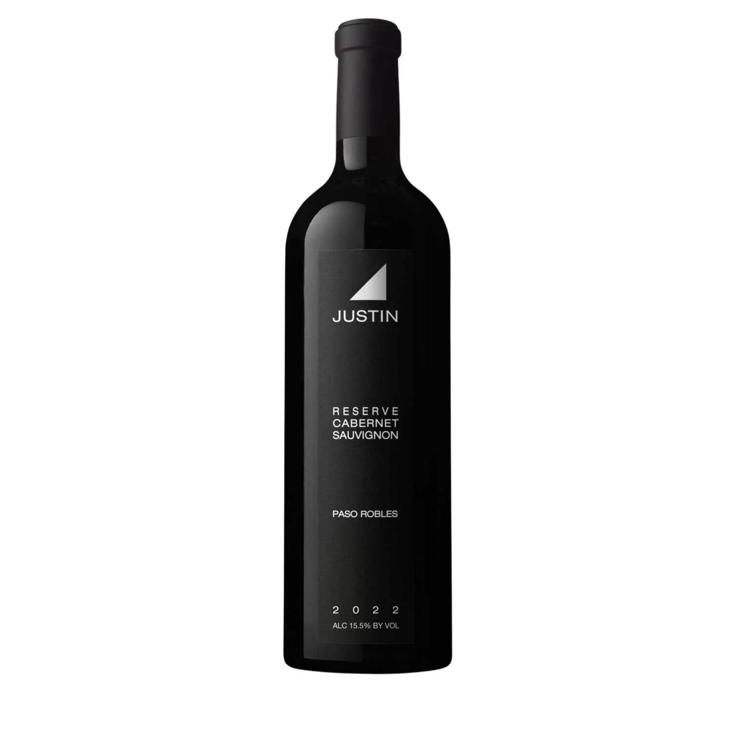 Bottle of Justin Reserve Cabernet Sauvignon 2022, Paso Robles red wine with sleek black label and modern minimalist design.