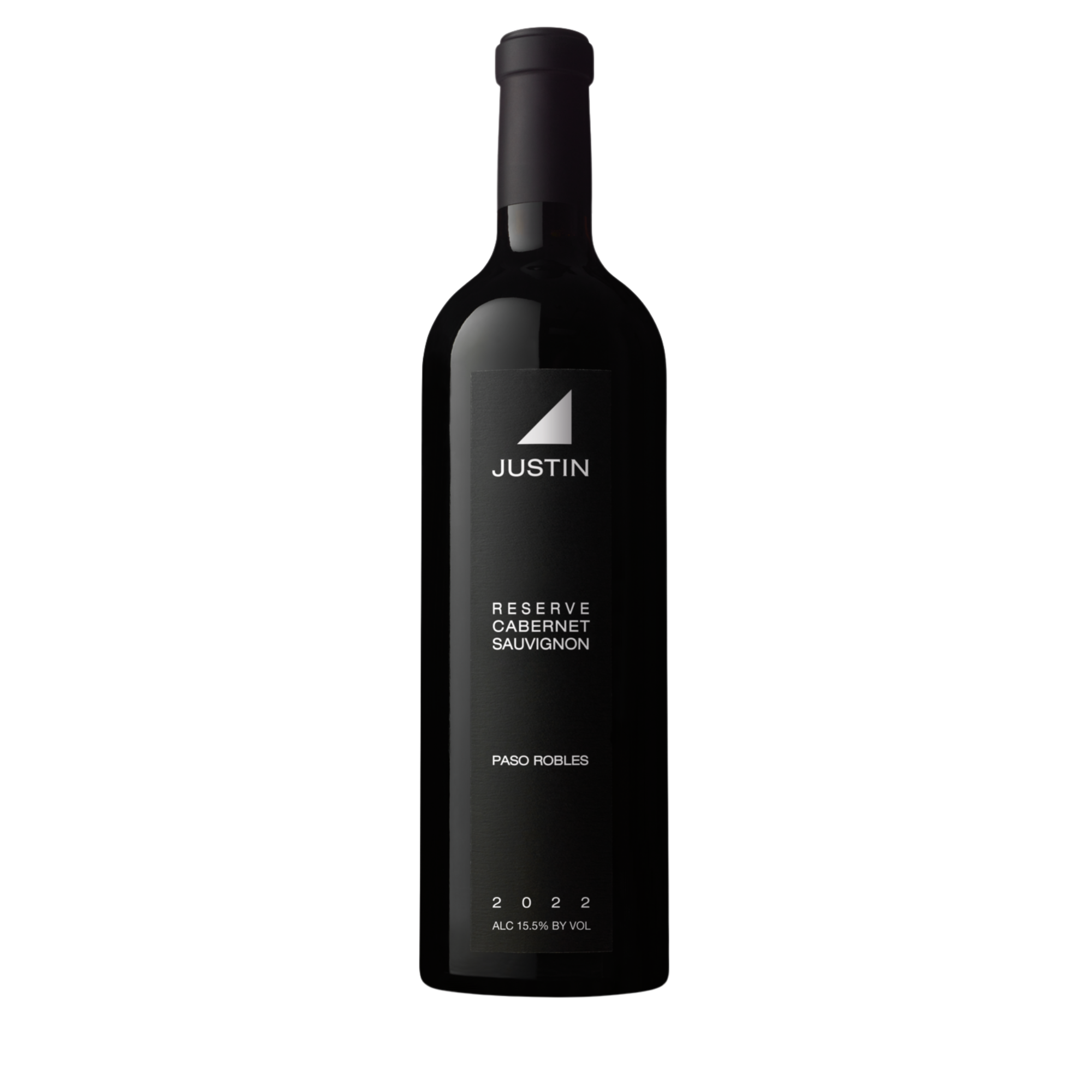 Bottle of Justin Reserve Cabernet Sauvignon 2022, Paso Robles red wine with sleek black label and modern minimalist design.