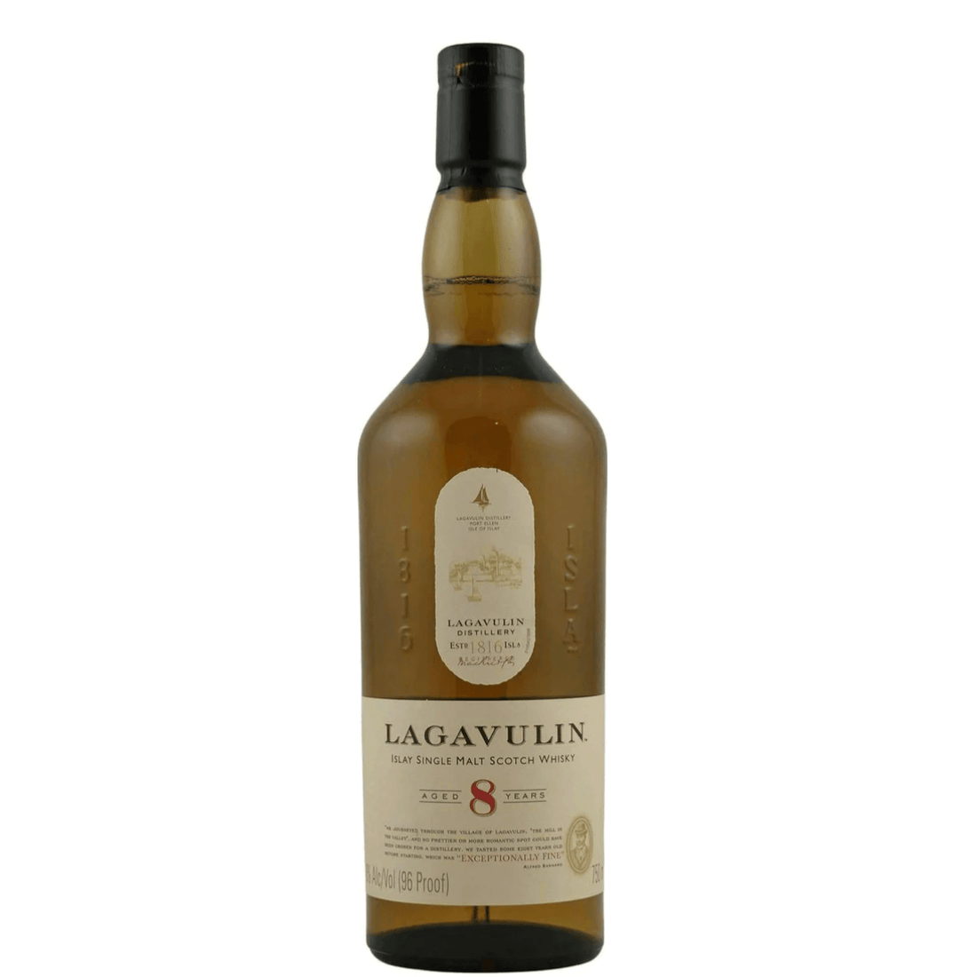 Lagavulin 8 Year Old Islay Single Malt Scotch Whisky 750ml bottle, 48% ABV, showcasing rich, intense flavors of charred chocolate.