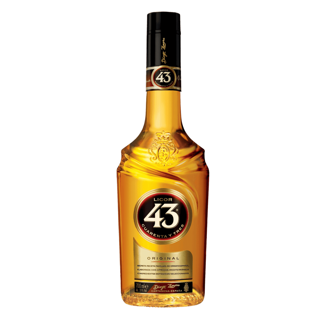 Licor 43 Original 750ml bottle with rich vanilla, citrus, and spice flavors, crafted in Cartagena, Spain, 31% ABV liqueur.