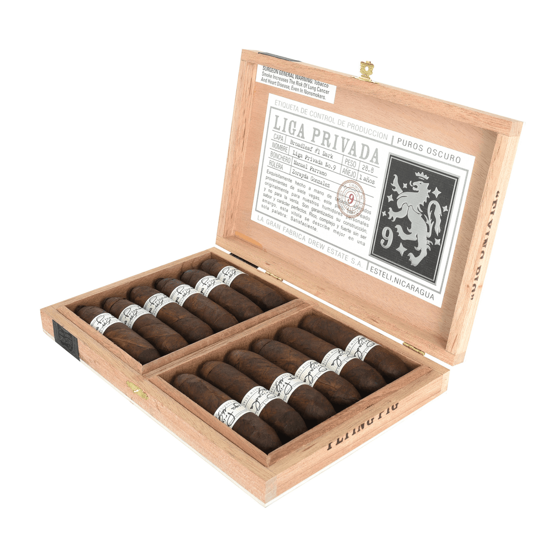 Liga Privada No. 9 Flying Pig cigars in open wooden box showcasing Connecticut Broadleaf Oscuro wrapper, full-strength Nicaraguan origin.