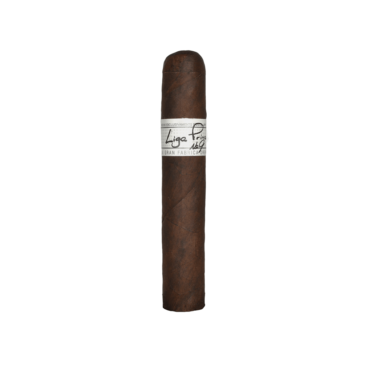 Liga Privada No. 9 Robusto cigar with dark Connecticut Broadleaf wrapper, known for bold flavor notes of chocolate and espresso.