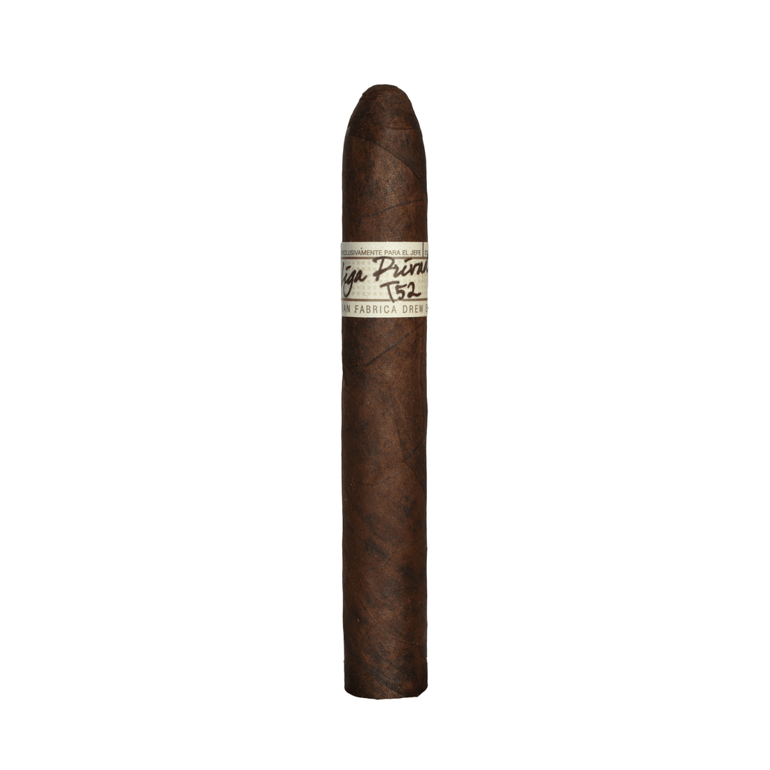 Liga Privada T52 Belicoso cigar, full strength with Connecticut River Valley wrapper, rich flavor from Honduras and Nicaragua tobaccos.