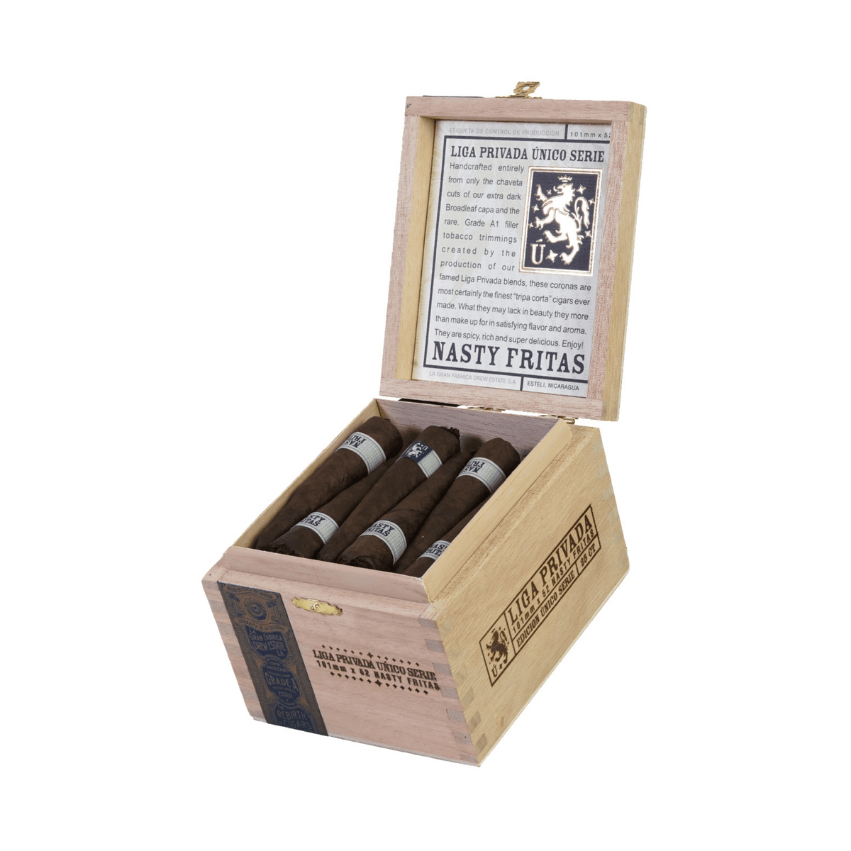 Liga Privada Unico Nasty Fritas box open showing cigars, 25 count, with Connecticut Broadleaf Oscuro wrapper, full-bodied flavor.