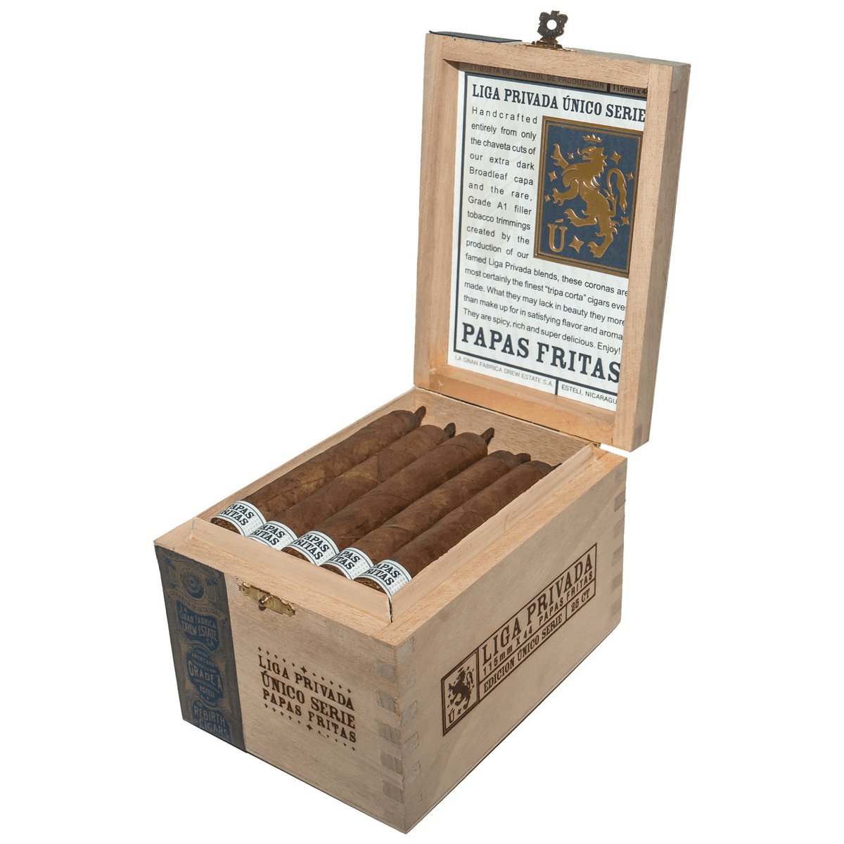 Liga Privada Único Serie Papas Fritas cigars in open wooden box, Nicaragua origin, robust flavors, 4.5 x 44 size, full strength
