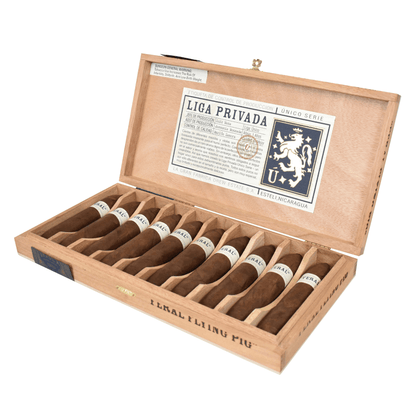 Open box of Liga Privada Unico Serie Feral Flying Pig cigars showcasing Connecticut Broadleaf Maduro wrapper in Nicaragua origin set.