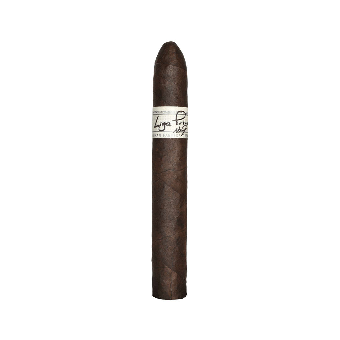 Liga Privada No. 9 Belicoso cigar, dark Connecticut Broadleaf Oscuro wrapper, Nicaraguan origin, full-bodied flavor profile.