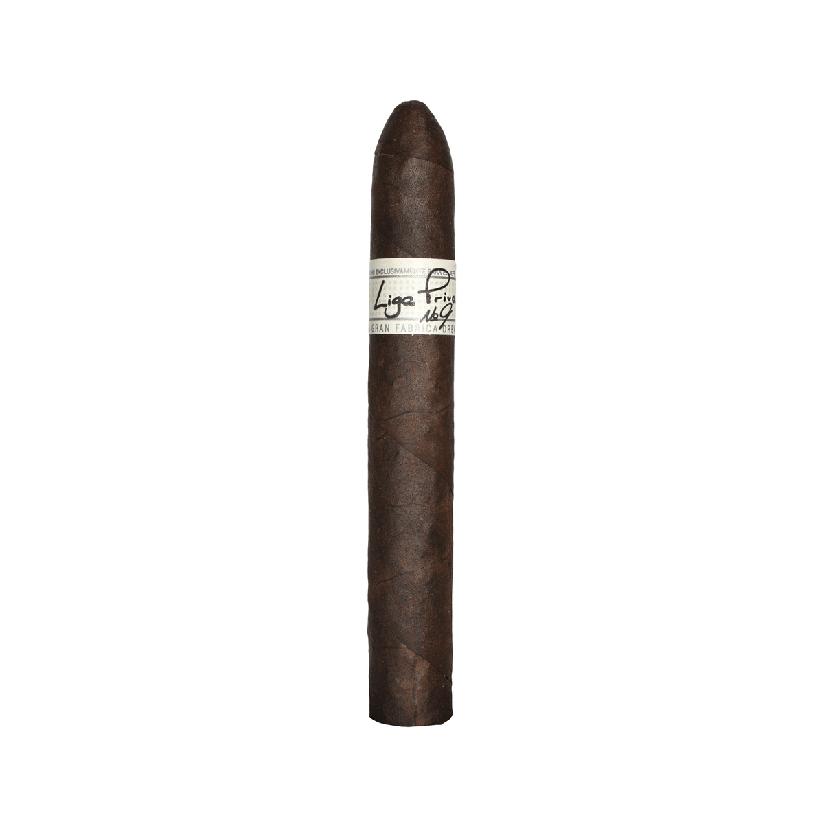Liga Privada No. 9 Belicoso cigar, dark Connecticut Broadleaf Oscuro wrapper, Nicaraguan origin, full-bodied flavor profile.