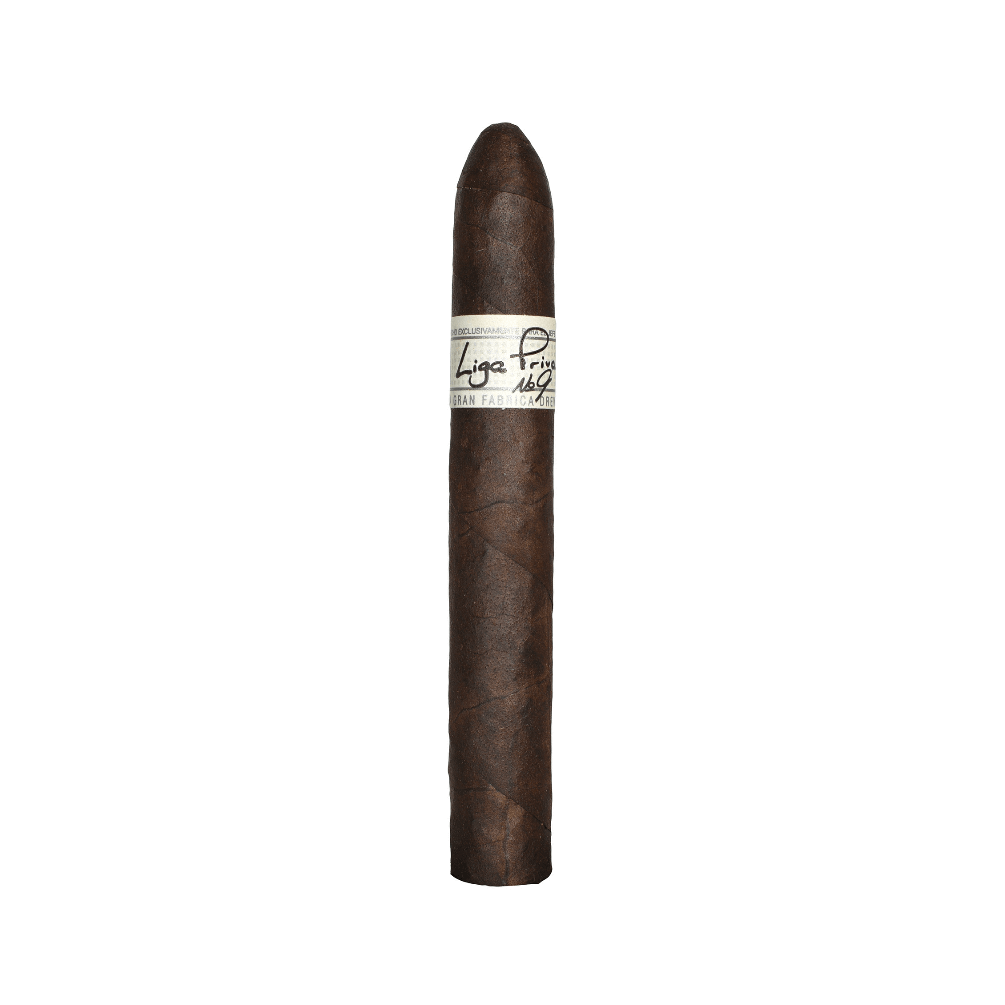 Liga Privada No. 9 Belicoso cigar, dark Connecticut Broadleaf Oscuro wrapper, Nicaraguan origin, full-bodied flavor profile.