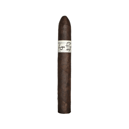 Liga Privada No. 9 Belicoso cigar, dark Connecticut Broadleaf Oscuro wrapper, Nicaraguan origin, full-bodied flavor profile.
