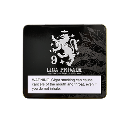Liga Privada No. 9 Coronets 10-Count Tin with warning label, Nicaraguan cigars in compact packaging.