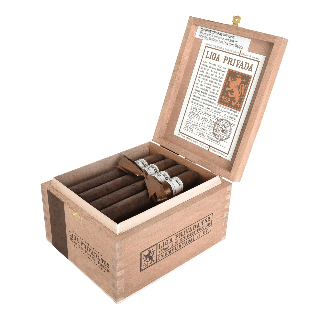 Open box of Liga Privada T52 Belicoso cigars from Nicaragua featuring a Connecticut River Valley wrapper.