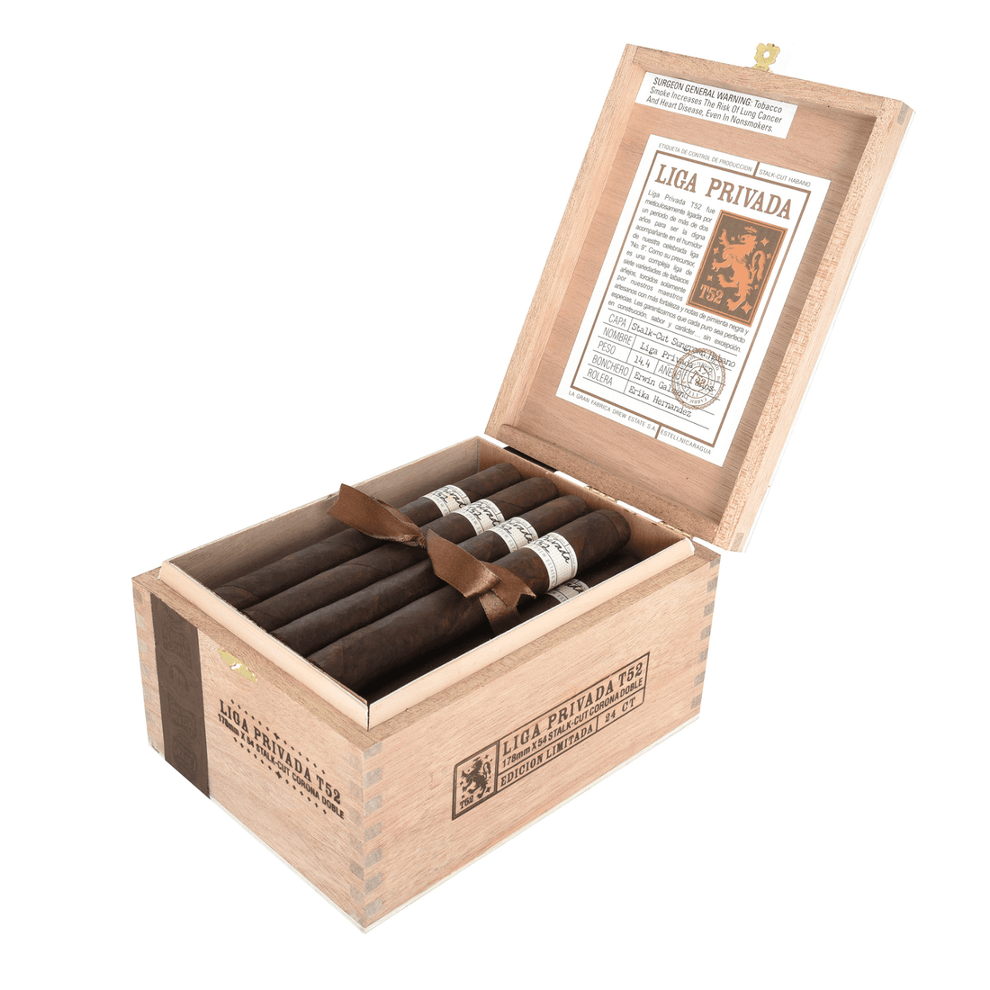 Open box of Liga Privada T52 Corona Doble cigars, showcasing Nicaraguan origin and Connecticut Stalk-Cut wrapper.