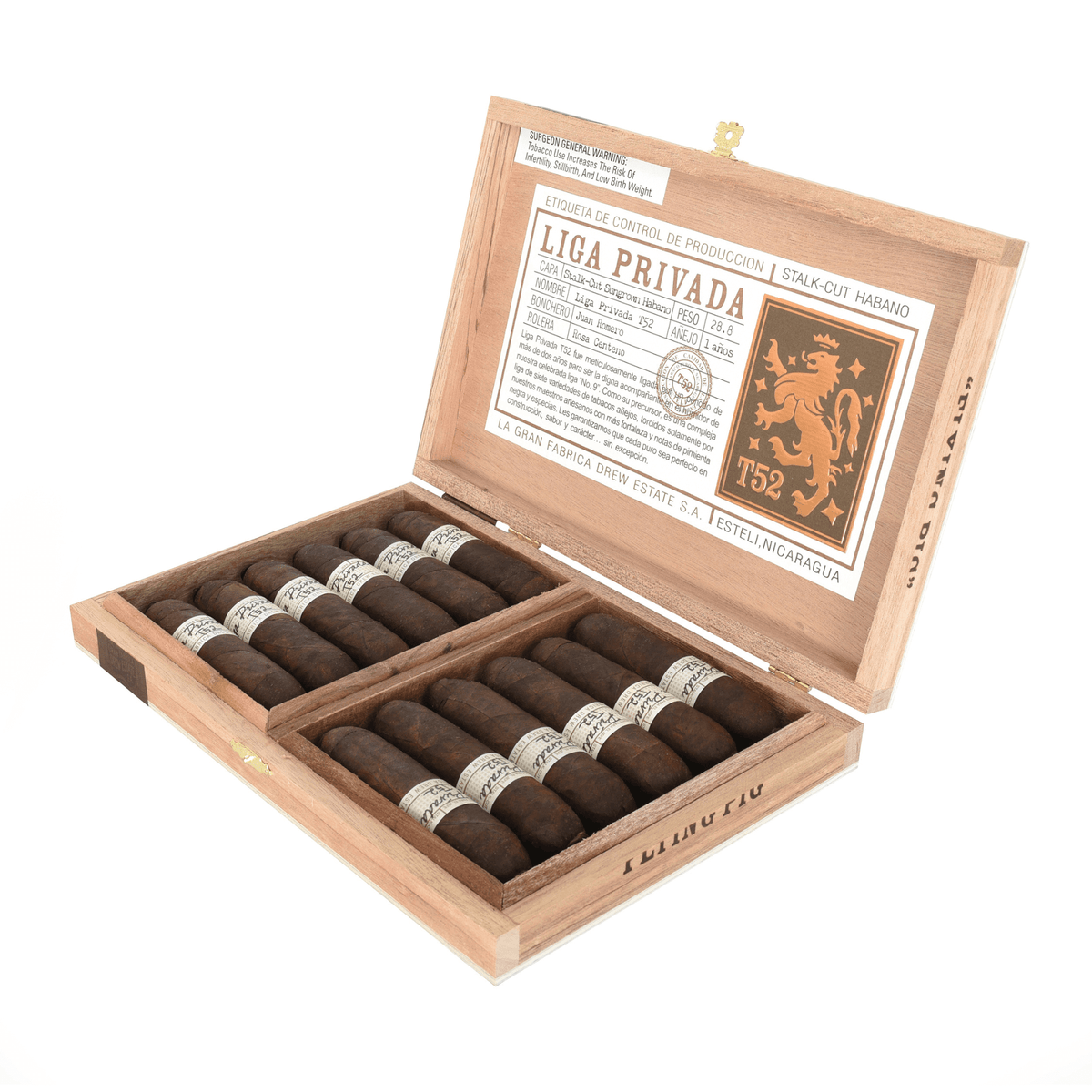 Open box of Liga Privada T52 Flying Pig cigars from Nicaragua with Connecticut wrapper and full-bodied flavor, size 4.13 x 60.