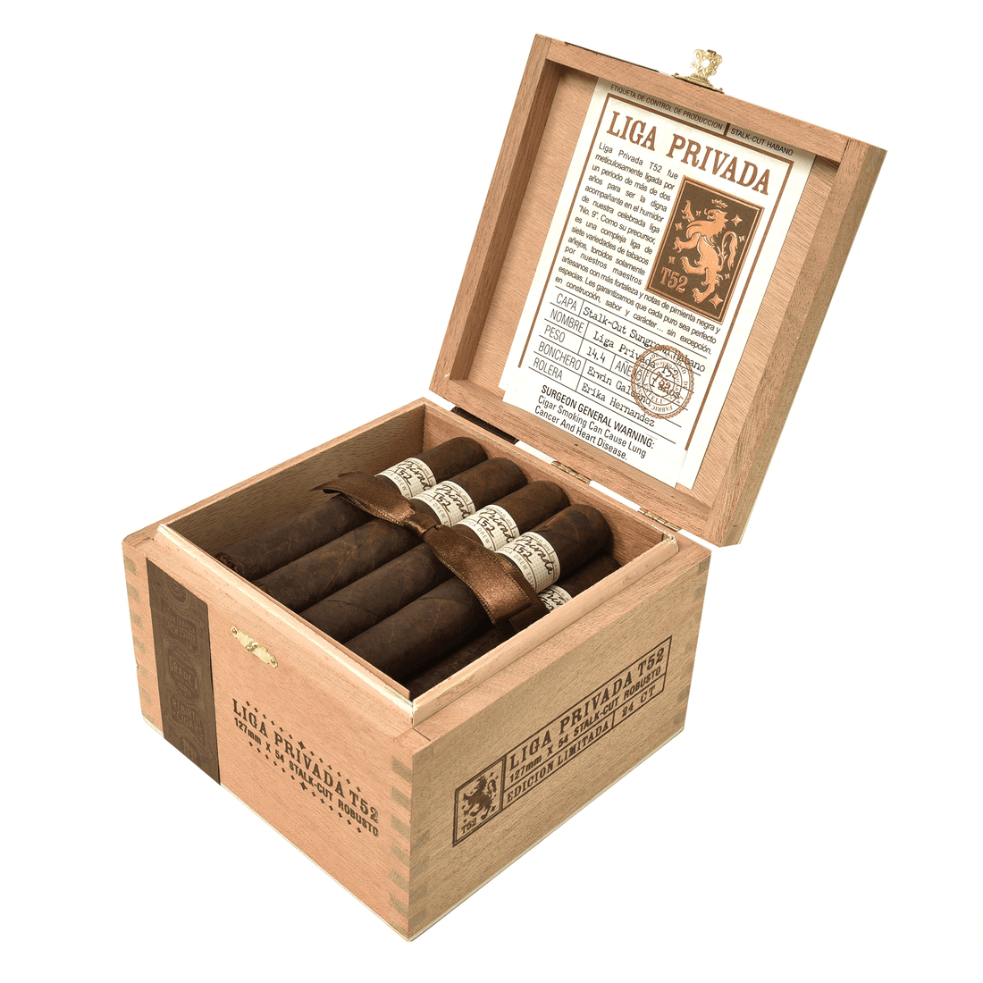 Open box of Liga Privada T52 Robusto cigars from Nicaragua, featuring Connecticut River Valley wrapper, showcasing premium craftsmanship.