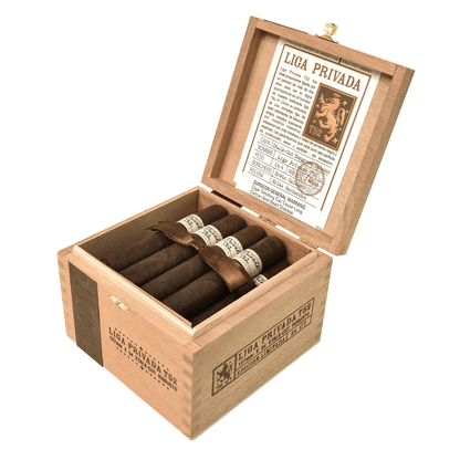 Open box of Liga Privada T52 Robusto cigars from Nicaragua, featuring Connecticut River Valley wrapper, showcasing premium craftsmanship.