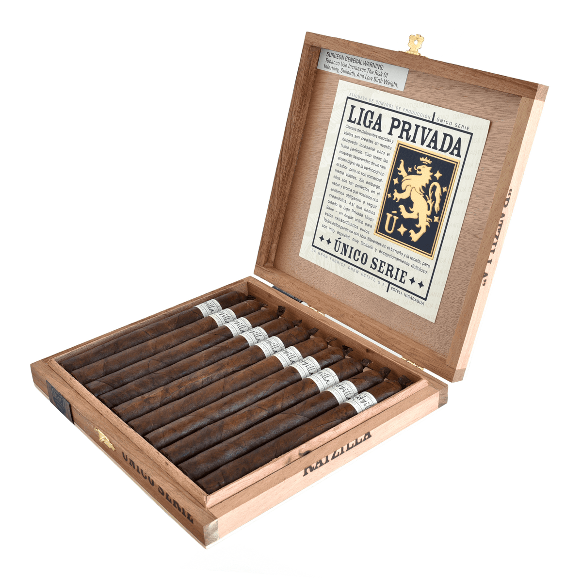 Liga Privada Único Serie Ratzilla cigars in open wooden box, showcasing Connecticut Broadleaf wrapper and rich flavors like dark cocoa and espresso.