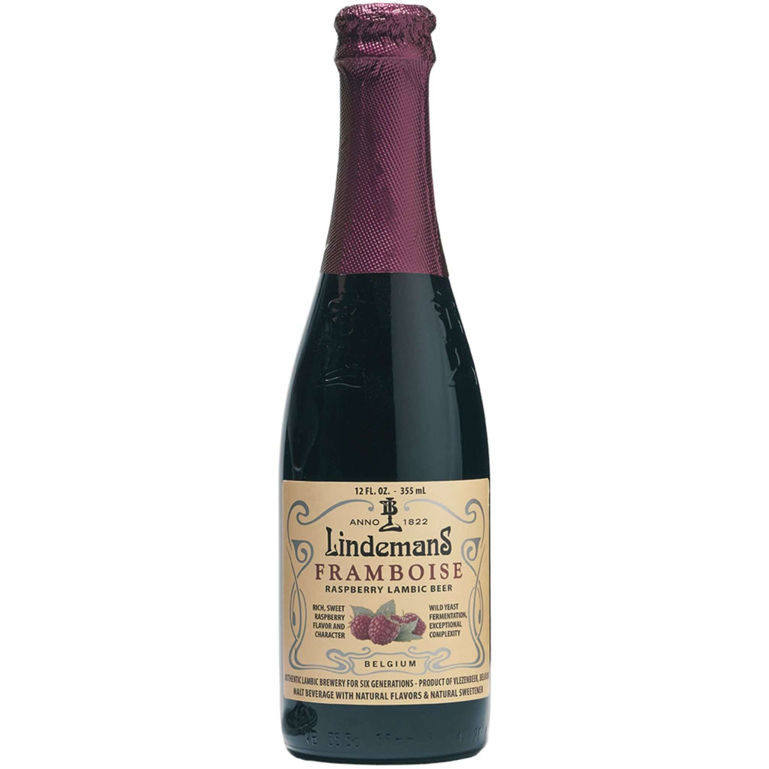 Bottle of Lindemans Framboise Lambic 750ml, a raspberry fruit lambic from Brouwerij Lindemans, Vlezenbeek, Belgium with 2.5% ABV