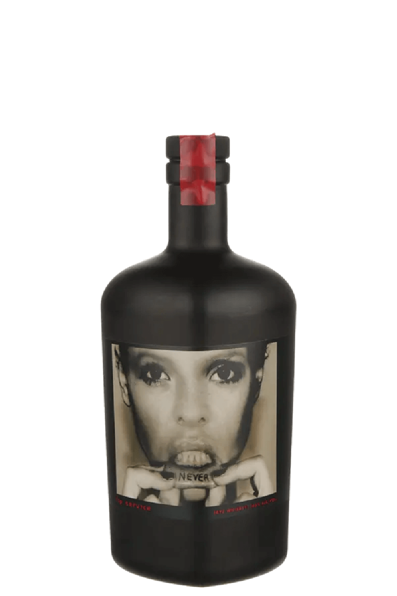 Lip Service Rye Whiskey 750ml bottle with unique label design, featuring intense notes of orange peel, clove, and candied ginger.