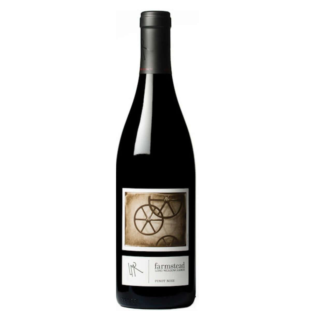 Bottle of Long Meadow Ranch Pinot Noir 2018, 750ml, California red wine, organic and sustainable, with a label featuring wheels.