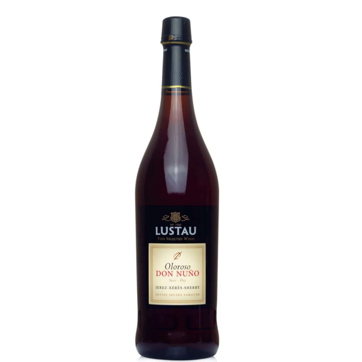 Lustau Oloroso Don Nuno Sherry 750ml bottle, full-bodied sherry from Jerez, Spain, with nutty flavors and dark amber color.