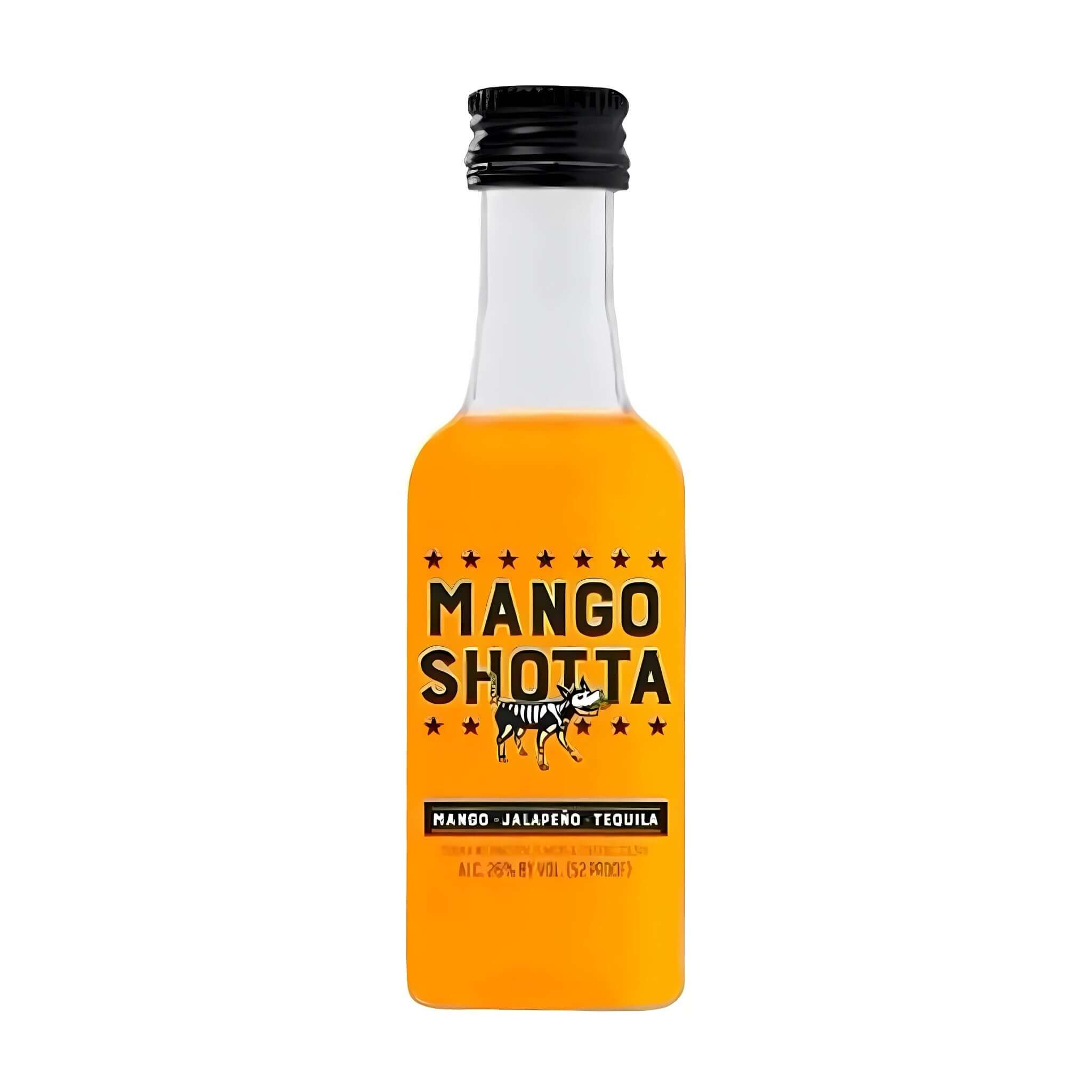 Mango Shotta 50ml bottle, flavored tequila infused with mango and jalapeño, bright golden-orange hue, by Sazerac Company.